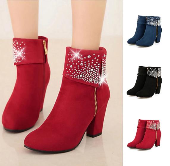 Christmas Rhinestone Vintage Suede Ankle Boots