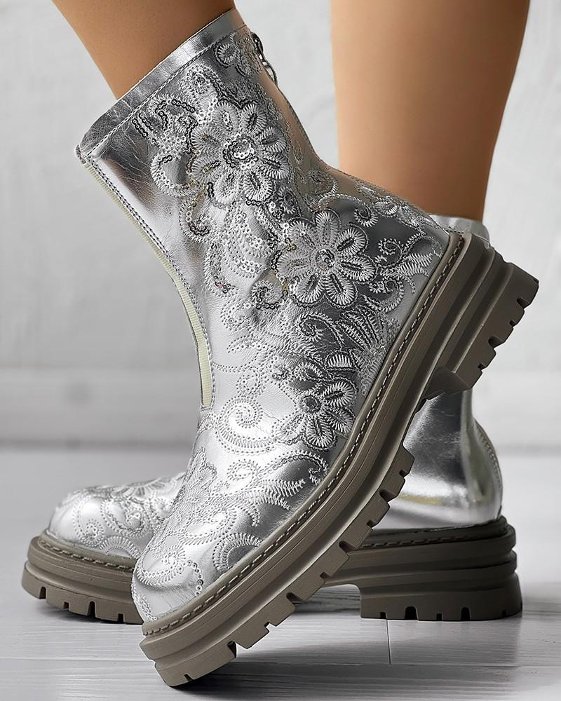 Sequin Floral Embroidery Platform Martin Boots