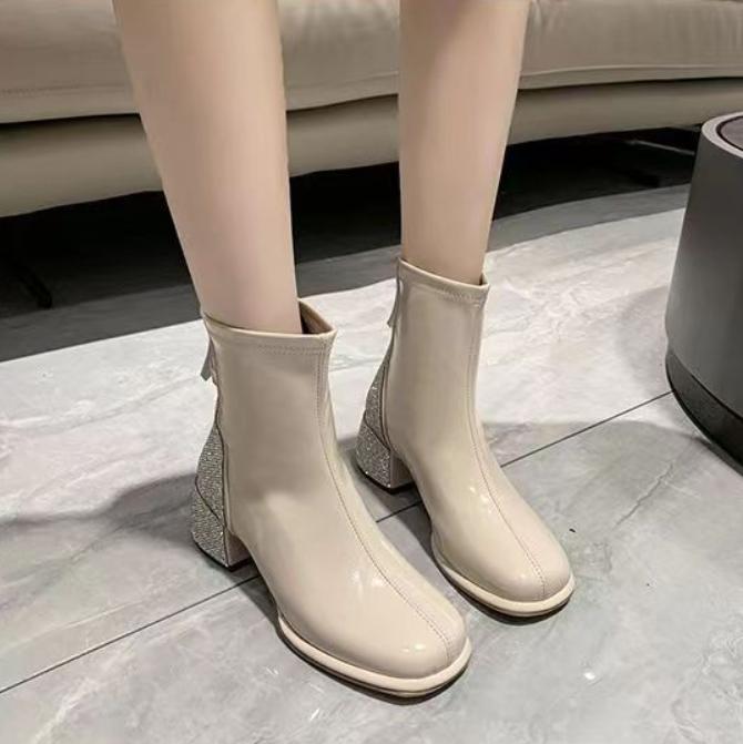 Rhinestone Leather Round Toe Boots