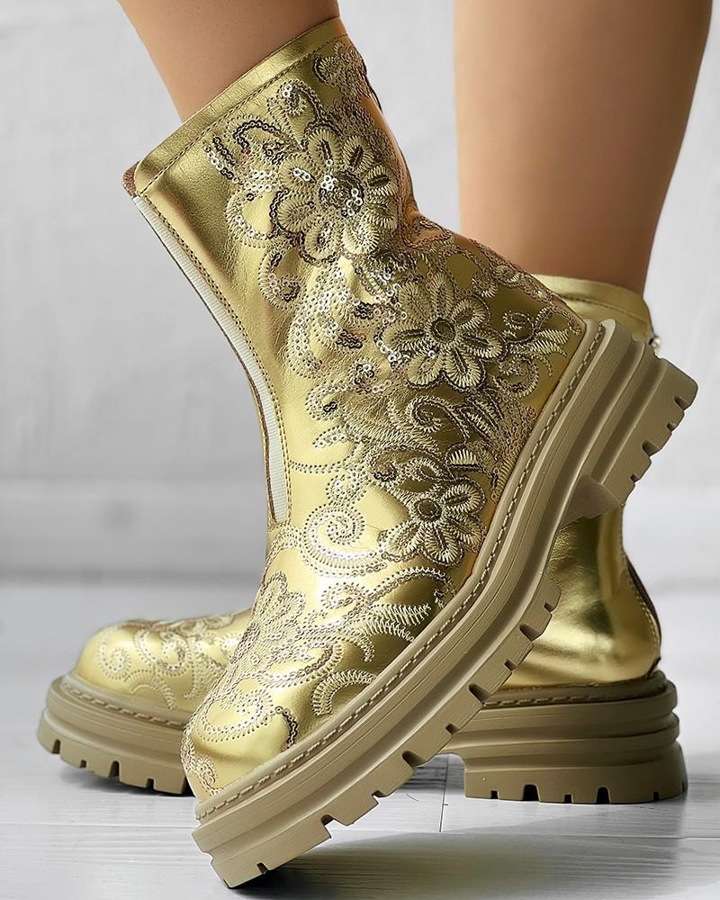 Sequin Floral Embroidery Platform Martin Boots
