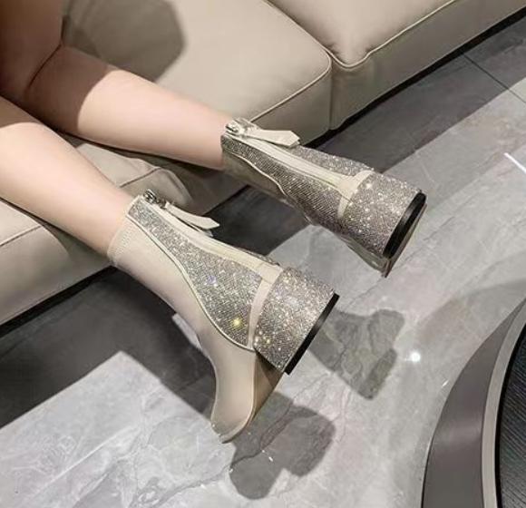 Rhinestone Leather Round Toe Boots