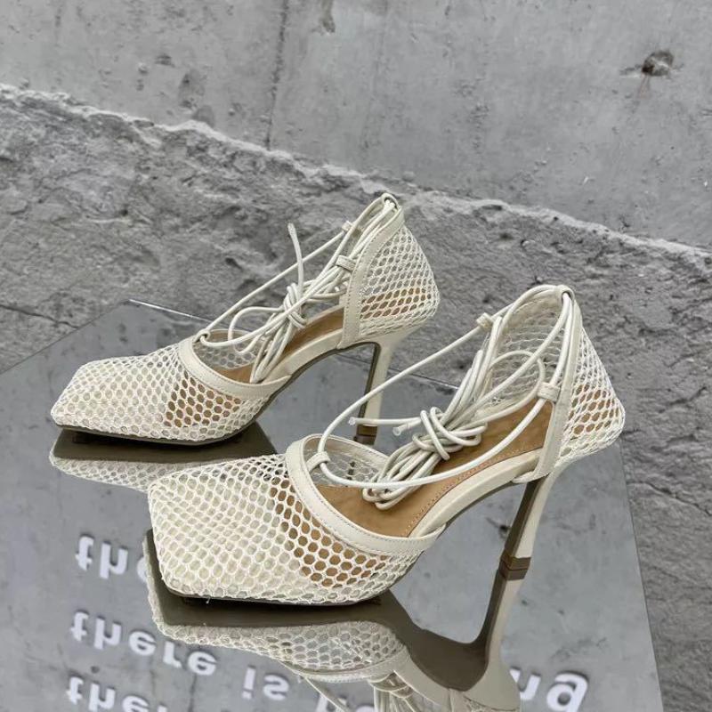 Mesh Square Head Heeled Roman Sandals