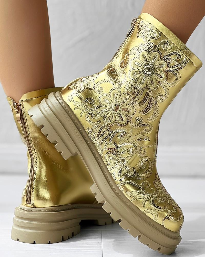 Sequin Floral Embroidery Platform Martin Boots