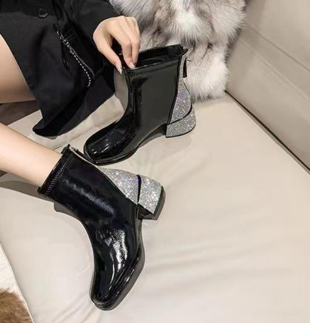 Rhinestone Leather Round Toe Boots