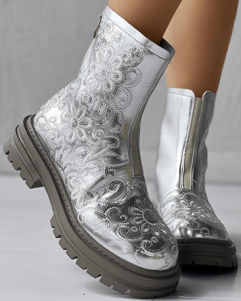 Sequin Floral Embroidery Platform Martin Boots