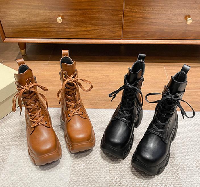 Wedge Retro Leather Lace-Up Chunky Boots