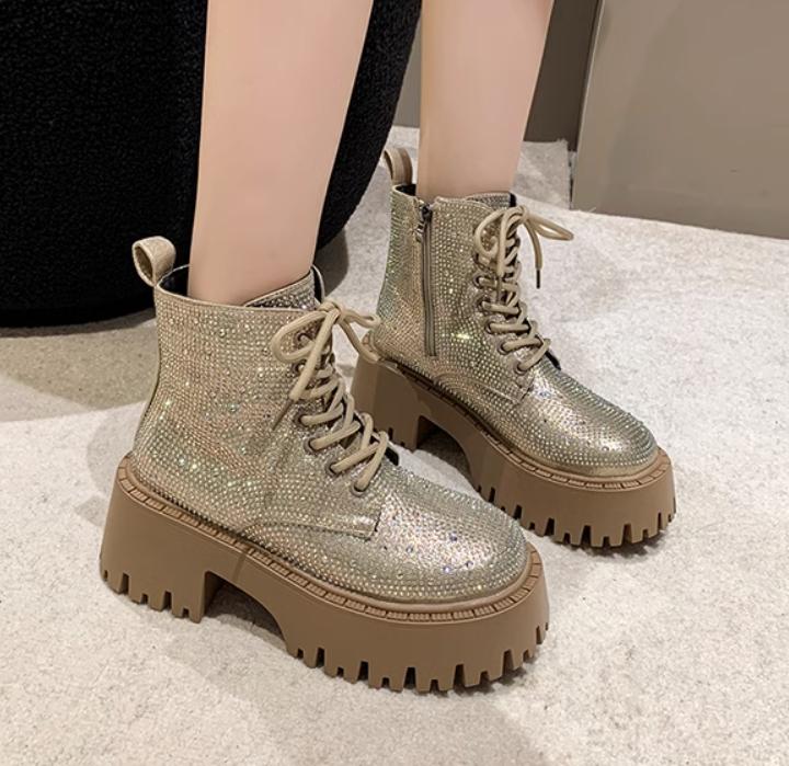 Shine Rhinestone Leather Casual Ankle Boots