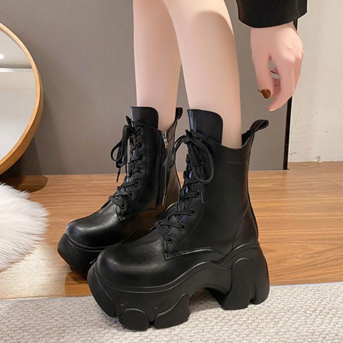 Wedge Retro Leather Lace-Up Chunky Boots