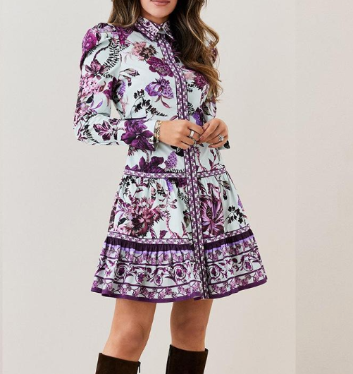 Shirt-print long-sleeved Mini Dress