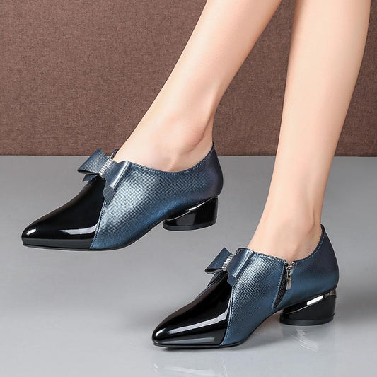 Bow Thick Heel Leather Shoes