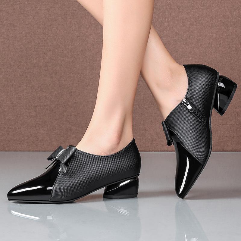 Bow Thick Heel Leather Shoes