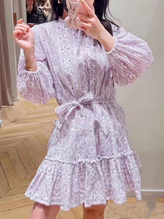 Purple Floral Ruffle Lace Mini Dress