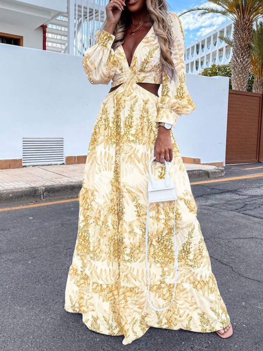 Printed V-neck Sexy Maxi Dress