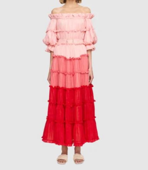 One-shoulder Tiered Clashing Color Cake Midi Dress