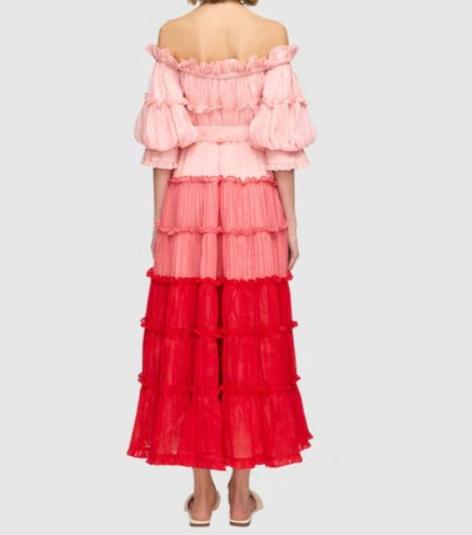 One-shoulder Tiered Clashing Color Cake Midi Dress