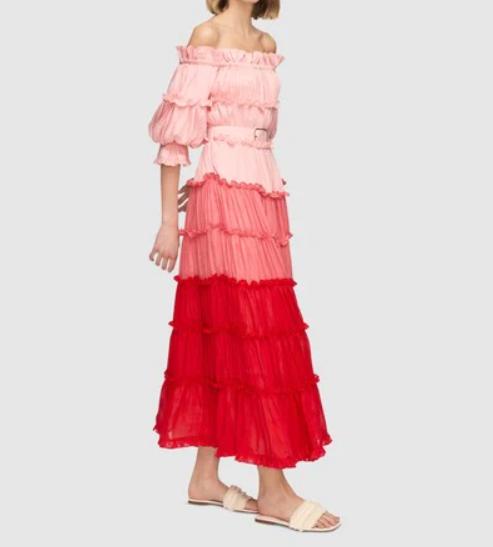 One-shoulder Tiered Clashing Color Cake Midi Dress