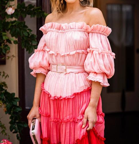 One-shoulder Tiered Clashing Color Cake Midi Dress