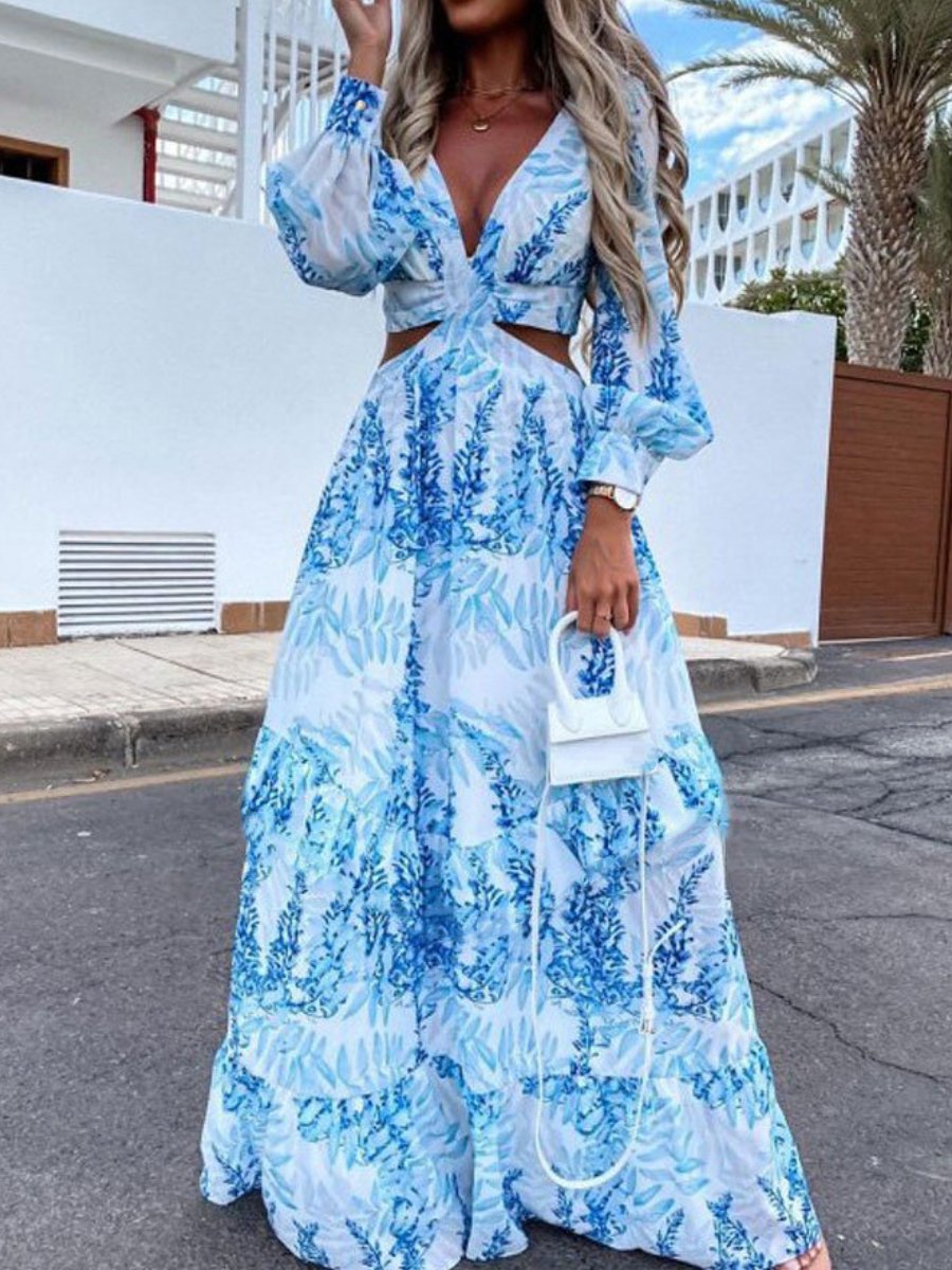 Printed V-neck Sexy Maxi Dress