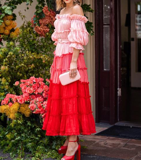 One-shoulder Tiered Clashing Color Cake Midi Dress