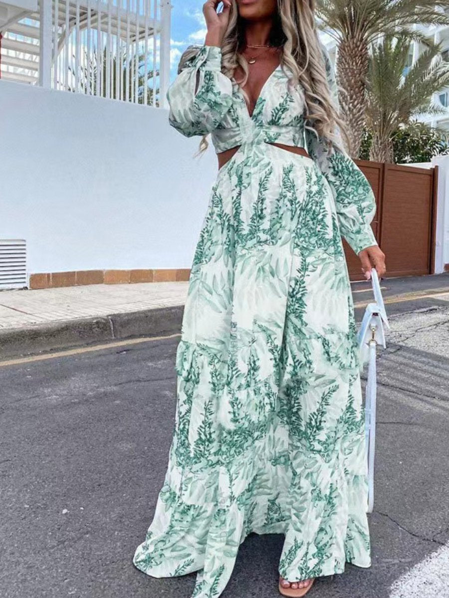 Printed V-neck Sexy Maxi Dress