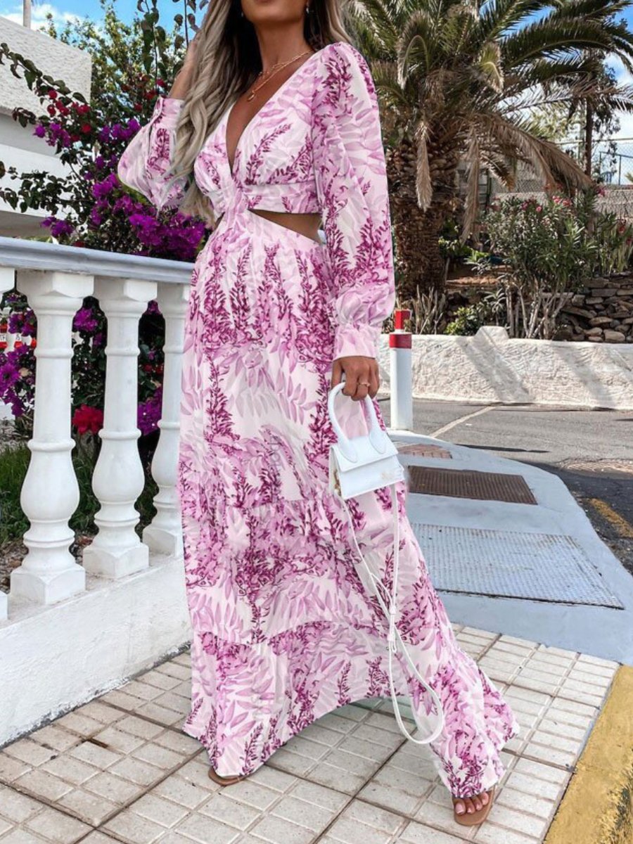 Printed V-neck Sexy Maxi Dress