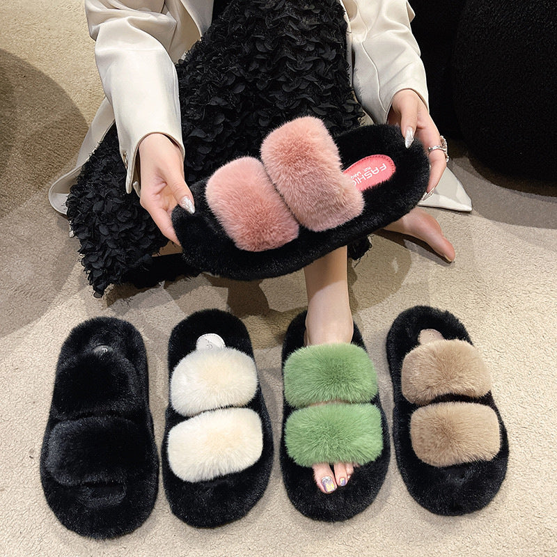 Furry Casual Double Bar Slippers