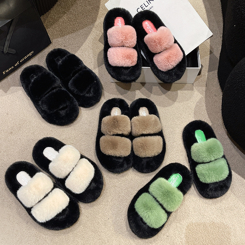 Furry Casual Double Bar Slippers