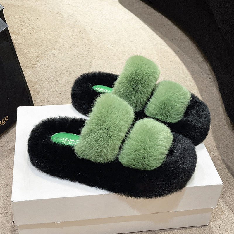 Furry Casual Double Bar Slippers