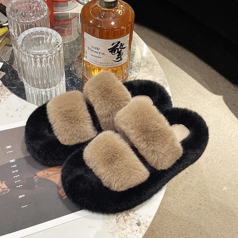 Furry Casual Double Bar Slippers