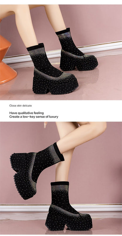 Rhinestone Thick-Sole Short Boots