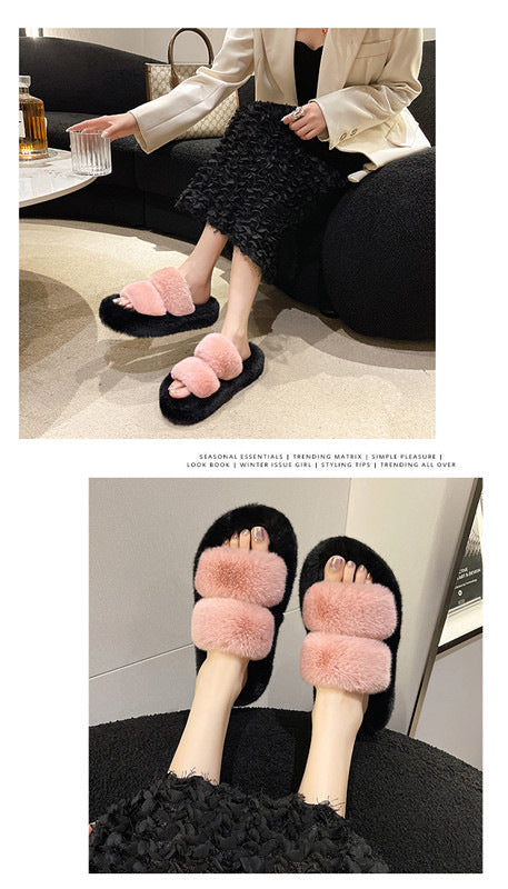 Furry Casual Double Bar Slippers