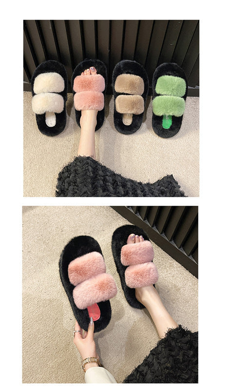 Furry Casual Double Bar Slippers