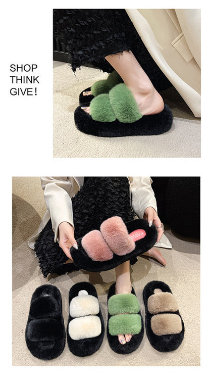 Furry Casual Double Bar Slippers