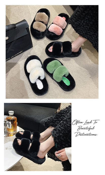 Furry Casual Double Bar Slippers