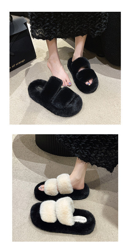 Furry Casual Double Bar Slippers