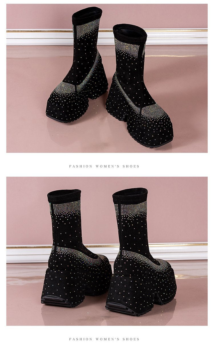 Rhinestone Thick-Sole Short Boots