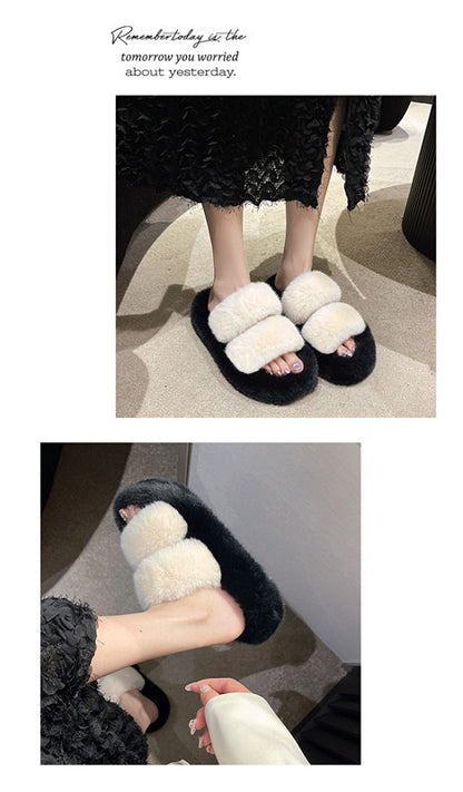 Furry Casual Double Bar Slippers