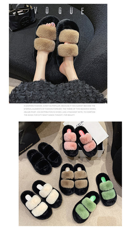 Furry Casual Double Bar Slippers