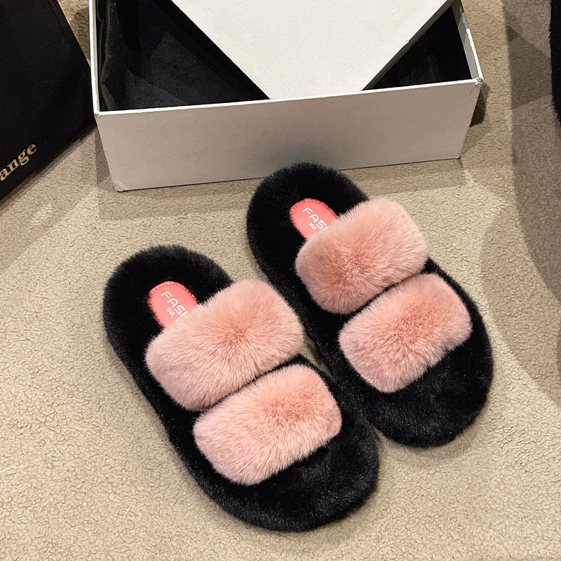 Furry Casual Double Bar Slippers