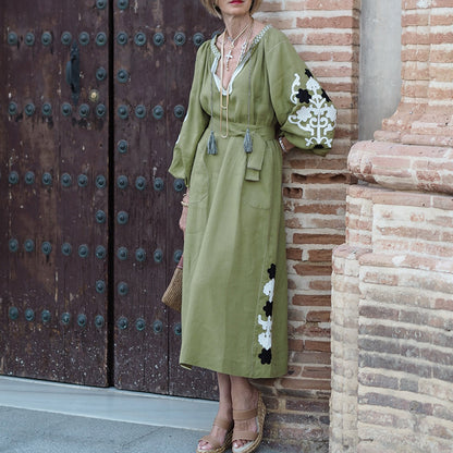 Green Casual Belted Dress