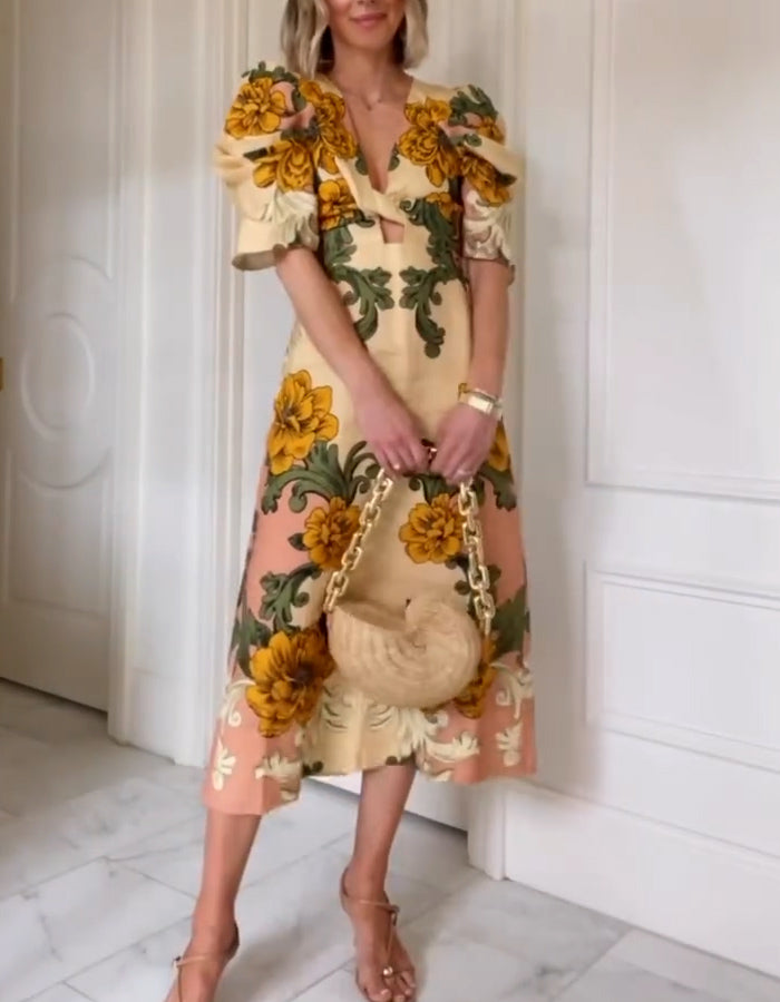 Floral Puff-Sleeves Dress