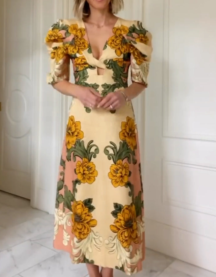 Floral Puff-Sleeves Dress