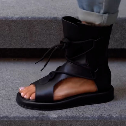 Black Leather Lace-Up Sandals