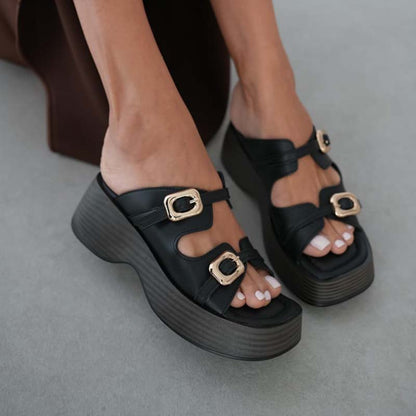 Buckle Wedge Slippers