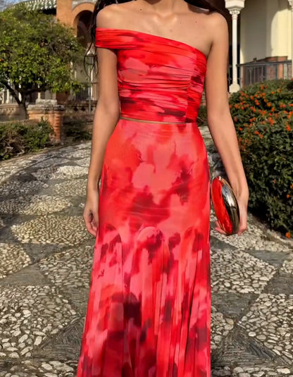 Red Printed One-Shoulder Dress