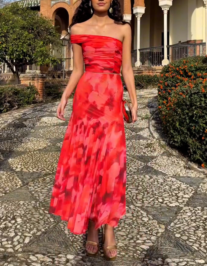 Red Printed One-Shoulder Dress