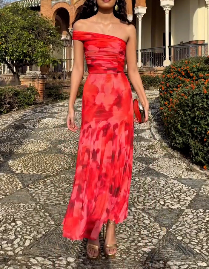 Red Printed One-Shoulder Dress