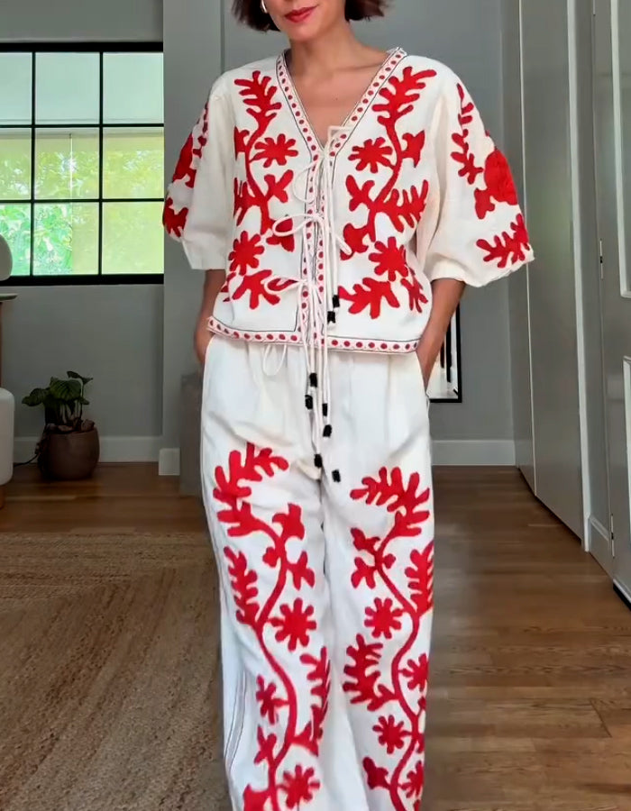 Red Embroidery Casual Suits