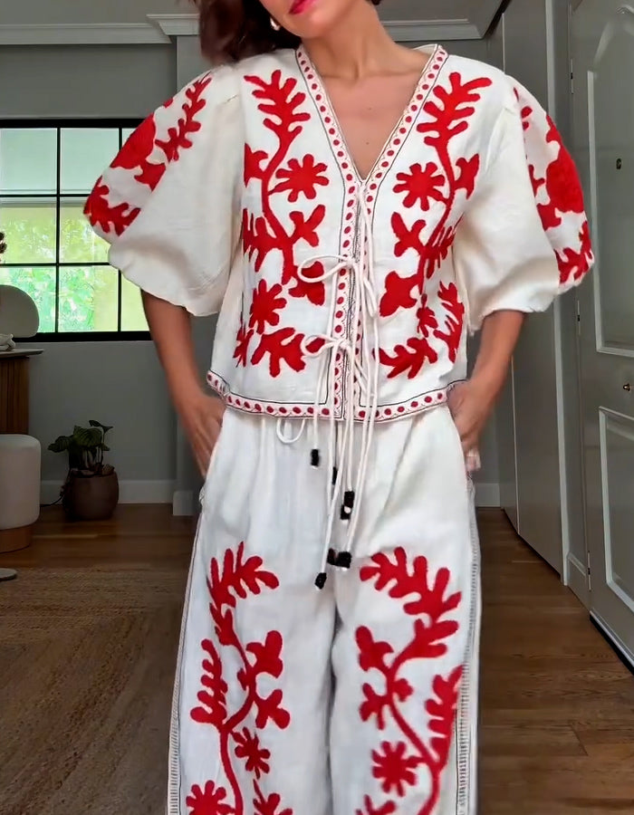 Red Embroidery Casual Suits