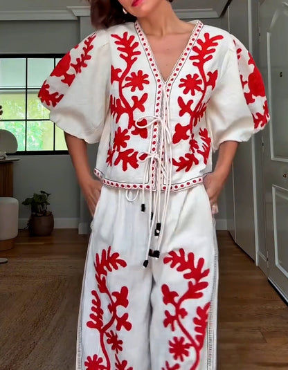 Red Embroidery Casual Suits